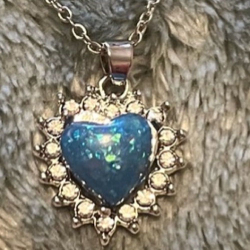 Blue Opal Heart Diamond Wrapped Around The Heart Pendant Neck